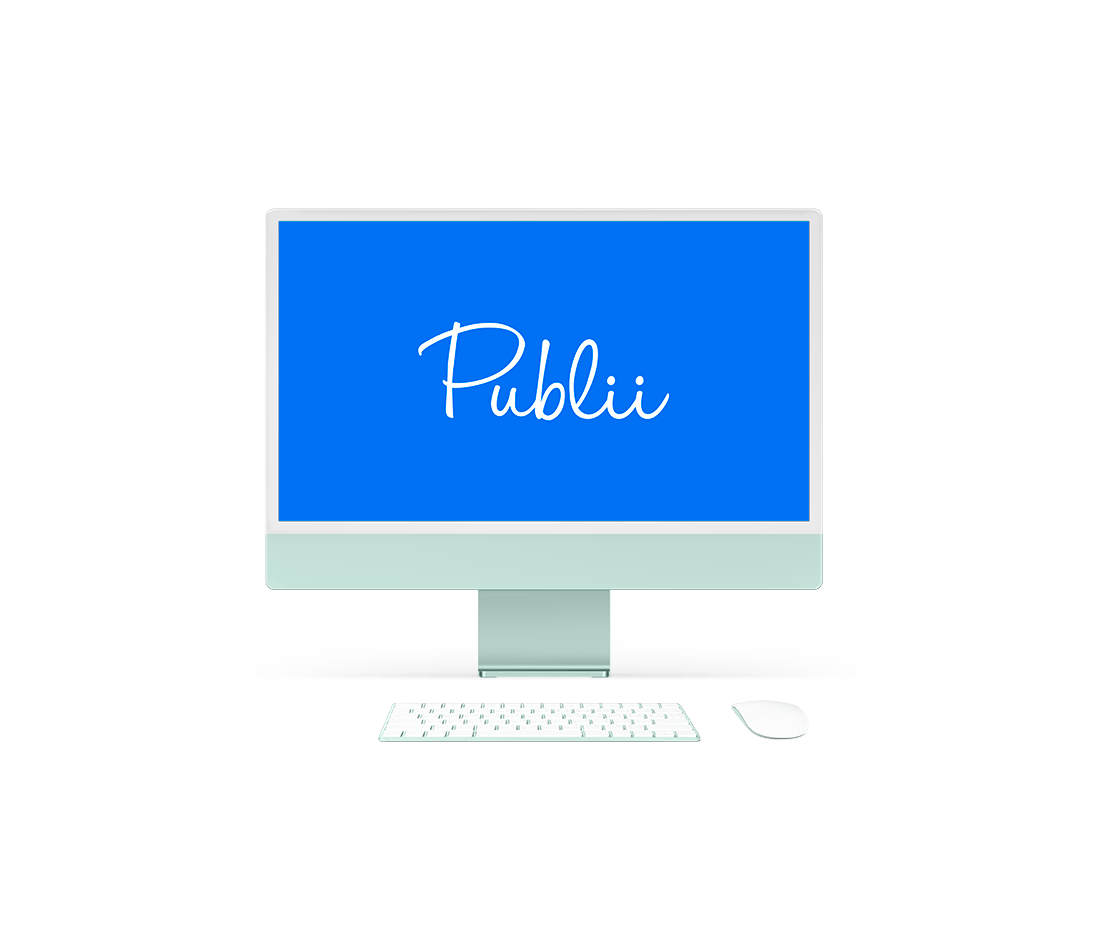 iMac image with Publii logo on screen.