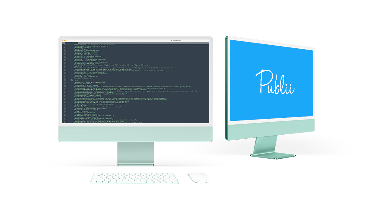 Two iMac screens with coding and Publii logo.